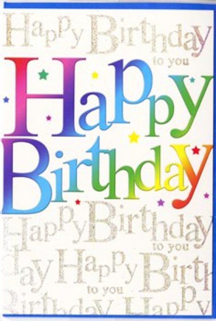 This striking birthday card combines vibrant colour with elegant detail, much like the blend of old and new you see wandering through the streets of Kingston upon Thames. The focal point is the large, uppercase phrase Happy Birthday, stretching boldly across the card's front. Each letter is filled with a luminous rainbow blend, where one hue melts into the next: from crimson and raspberry through violet, into ocean blue, verdant green, and finally warm amber and golden-yellow notes. The smooth gradient effect suggests careful printing, with a finish that appears slightly glossy, catching the light with a polished gleam similar to sunlight shining on the shopfronts along Thames Street. In the background, a layer of fine gold script repeatedly spells out Happy Birthday to you in delicate, looping cursive. The background writing forms a continuous pattern, like lines of a favourite song gently humming beneath the vibrant headline. The gold tone appears softly metallic, likely with a hint of glitter, and as the card tilts, the script would shimmer subtly, evoking reflections on the water by the river walk from Kingston Bridge up towards Canbury Gardens. Tiny specks and subtle sparkles scattered among the letters give a sense of confetti drifting through the scene, reinforcing the festive mood. Together, the bold rainbow letters and the refined gold script create a balance of fun and sophistication-perfect for marking a milestone or any special birthday. It feels easy to imagine this card nestled beside a bright, hand-tied bouquet, ready for local delivery around Kingston upon Thames, from riverside flats to quiet residential streets near Surbiton.