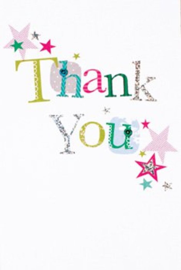 Every inch of this thank you card radiates a poised exuberance, with letters that gently shimmer in a medley of colours befitting Kingston upon Thames' vibrant atmosphere. The message, 'Thank You,' is artfully composed-some letters playful with dotted and stitched embellishments, others arching gracefully as though animated by laughter drifting through Home Park on a breezy day. The palette-zesty green, lively pink, tranquil blue, and touches of brilliant silver-echoes the vibrant displays seen along Old London Road's florists in springtime. Clusters of stars in pink stripes, deep turquoise, and metallic silver linger near the words, blessing them with extra cheer like fairy lights draped across a festive town square. Astonishingly crisp, the white background holds everything in perfect balance, reminiscent of the serene clarity found beside the Thames on a quiet afternoon. This card exudes an understated sophistication: not overly formal and never too casual, making it ideal for pairing with almost any bouquet destined for a friend, colleague, or neighbour. Its blend of whimsical artistry, tactile richness, and heartfelt design makes it an enduring gesture of gratitude, as uplifting as the sound of new leaves rustling on the riverside walk.