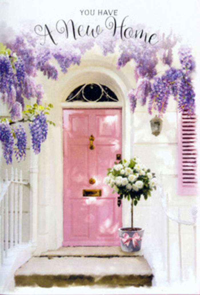 The scene captures the quiet magic of a new home in Kingston upon Thames, expressed entirely through colour, texture, and blooms. A front door, painted a soft, comforting pink, stands slightly recessed within a whitewashed façade. The shade is delicate rather than bold, its chalky finish giving the entrance a calm, almost vintage character. Beside it, a matching pastel shutter adds balance and symmetry, while the plain white wall allows the flowers to become the true focus. Overhead, wisteria cascades in thick, fragrant curtains of pale purple and lavender, the blossoms hanging in clusters that almost brush the top of the door. The vines twist gently along the wall, their leaves and tendrils forming a natural frame that feels both wild and carefully nurtured. On the doorstep itself rests a grey metal bucket, practical in form but transformed into something elegant by the care of an experienced florist. It is filled to brimming with creamy white roses, each bloom lush and full, petals curling in soft spirals that catch the light. Around and between the roses, subtle green foliage peeks through, adding gentle contrast and suggesting freshness, as if the bouquet has just arrived from a local market stall in Kingston upon Thames. Tied neatly around the base of the bucket is a softly shining pink ribbon, its knot and trailing ends mirroring the door's hue and completing the pastel composition. The light is soft and diffuse, suggesting a mild day where shadows are gentle and the atmosphere feels calm. Altogether, the doorway radiates a sense of welcome and hopeful anticipation, perfect for celebrating a move, a new address, or simply the joy of coming home to flowers.