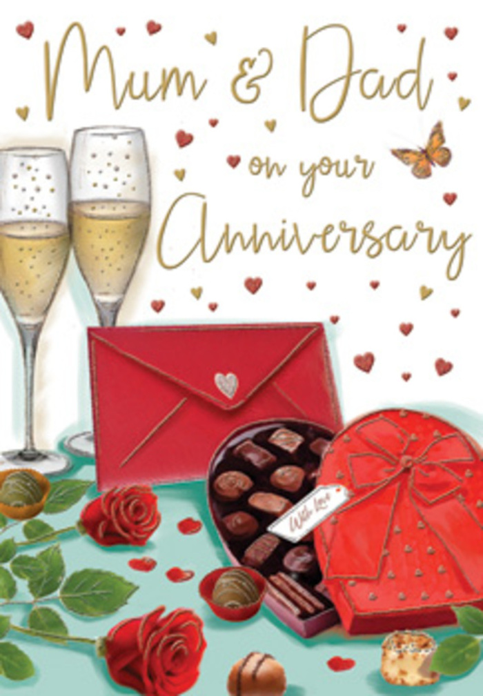 This detailed anniversary card illustration conjures the feeling of a special evening in Kingston upon Thames, perhaps after a walk along the river and a favourite meal nearby. Dominating the foreground is a heart-shaped box of chocolates, its body a sumptuous deep red and its lid adorned with an impressive, sculpted bow that seems almost three-dimensional. The box is open to reveal an orderly arrangement of chocolates, each piece individually defined, hinting at the pleasure of choosing and sharing them one by one. Just behind, two slender champagne flutes rise gracefully, filled with a pale, golden fizz that catches the imaginary light. Fine streams of bubbles drift upwards, suggesting an imminent toast between lifelong partners.
To one side, two red roses, rich and velvety, rest carefully upon the tabletop. Their petals are full and gently curled, reminiscent of premium blooms selected early in the day from Kingston upon Thames Flowers and arranged with an expert eye. Nestled among them are soft green leaves which introduce a hint of freshness, balancing the intense reds and warm golds that dominate the design. Across the background, tiny hearts in shades of gold and crimson flutter around a heartfelt dedication to Mum & Dad, creating a playful frame that still feels refined. At the bottom of the scene, a vivid scarlet envelope lies waiting, perfectly sealed and slightly angled, evoking the anticipation of opening a deeply personal message. The palette and lighting together create a sense of warmth and intimacy, very much like the atmosphere of a Kingston upon Thames home when family gather to celebrate an anniversary with shared stories, clinking glasses, and quiet, grateful smiles.