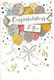 The photograph shows a beautifully styled congratulations card, positioned as if it has just been set down beside a celebratory gift in a Kingston upon Thames home. Dominating the centre is a soft, ribbon-like banner, elegantly curved and carrying the words Congratulations To You in an ornate, flowing script that feels genuine and heartfelt, like a personal note shared after wonderful news. Behind and above this banner rises a delightful cluster of balloons, arranged with the balance and fullness of a well-crafted bouquet. The balloons glow in gentle tones-muted gold, silver, champagne, sky blue, blush pink, and misty grey-each embellished with unique details of metallic stars, neat stripes, or a veil of glitter that suggests a subtle sparkle, reminiscent of lights reflecting on the Thames at dusk. Thin gold and silver strings drop from the balloons, curling into loose spirals that bring a sense of graceful motion. Around the central design, an array of tiny stars, curling ribbons, and playful confetti dots drifts across a pale, calming background, evoking the fizz and flutter of a surprise party or a toast raised in a local restaurant. The combination of smooth card surface and glimmering foil gives an impression of tactile richness, as though you could feel the difference under your fingertips. The overall mood is joyful yet refined, making the card ideal for celebrating meaningful achievements-graduations, promotions, or personal milestones reached by friends and family living in and around Kingston upon Thames. It mirrors the thoughtful elegance of a fresh flower arrangement, capturing pride, happiness, and warm congratulations in one luminous, paper celebration.