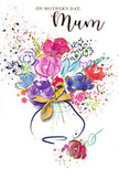 Joyful Mother's Day card artwork showing a vibrant watercolour bouquet that appears freshly gathered, as if picked from a spring garden near Kingston upon Thames and placed straight into paint. The flowers rise from a rounded vase at the bottom of the image, their stems implied more by colour than by line. Lush purples, playful pinks, and serene sky blues dominate the arrangement, with occasional flares of vivid red and soft coral creating a sense of warmth and depth. Each bloom is suggested with fluid, swirling brushstrokes rather than exact detail, giving the impression of petals in gentle motion, like blossoms swaying in a riverside breeze. Slender accents of metallic gold trace parts of the petals and the curve of the vase, adding a refined shimmer that calls to mind the glint of light on the Thames on a bright day. The vase itself curls gracefully, tied with an elegant golden bow at its base, echoing the careful finishing touches a local Kingston upon Thames florist might add before sending flowers out for Mother's Day delivery. All around the bouquet, scattered flecks of colour and tiny, delicate hearts float against the white background, hinting at celebrations, heartfelt messages, and cherished memories. The overall composition feels airy yet emotionally full, perfectly capturing the gratitude and affection one hopes to express to a beloved mum with a thoughtfully chosen bouquet, now translated into lasting artwork on this card.