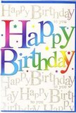 The birthday card shown is a vibrant celebration captured in print, with a design that feels as cheerful as a walk along the Kingston upon Thames riverside on a bright day. Dominating the centre is the phrase Happy Birthday, written in bold, block letters that appear smooth and slightly glossy. Each letter is bathed in a sweeping rainbow gradient, shifting seamlessly from rich reds and pinks through purples and blues into greens and warm yellows, echoing the happy mix of colours you might see in a birthday bouquet or festive bunting over the Ancient Market Place. This rainbow lettering stands out clearly against a sophisticated background of repeated golden script. In soft, flowing cursive, the phrase Happy Birthday to you is written again and again, filling the entire background space with a delicate tapestry of words. The gold script has a metallic, lightly glittered quality, so that it shimmers gently when the card catches the light, like evening reflections on the Thames near Kingston Bridge. Subtle flecks and sparkling accents scattered around the lettering suggest falling confetti or tiny stars, enhancing the card's sense of movement and excitement. The overall effect is both modern and heartfelt, perfect for anyone who loves colour and a touch of luxury. You can picture this card propped on a mantelpiece in a Kingston upon Thames home, next to a vase of fresh flowers delivered locally, its rainbow greeting and golden whispers of Happy Birthday to you brightening the room throughout the celebration.