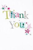There's a soft and sincere happiness woven into the design of this thank you card, as if every flourish was carefully crafted to kindle gratitude, much like the thoughtful arrangements of Kingston upon Thames' florists. The phrase 'Thank You' is set in vivid, dynamic letters-some shimmering with silver, others warm yellow, spring green, or peaceful blue-all patterned in playful polka dots or stitched lines that recall the patient artistry seen in Kingston's local markets. Around the greeting, stars showered in pink, teal, and shining silver hover like the last brilliant lights after a riverside celebration. The background is brilliantly white, lending an airy, open feel akin to wide windows letting in the morning sun just off the High Street. Lettering and stars appear as if in mid-dance, gently orbiting the sentiment of thanks. This card conjures the joyful exchange of appreciation-a sense of contentment and generosity, ready to accompany a beautiful bouquet delivered to loved ones throughout Kingston upon Thames. Heartfelt and inviting, it's a tangible reminder that gratitude is best given with brightness and care, echoing the spirit at the heart of the Kingston upon Thames community.