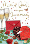The anniversary card image is a romantic tableau that could easily be imagined in a Kingston upon Thames setting, perhaps after a celebratory dinner near the river. In the centre, two tall champagne flutes stand close together, their delicate stems almost touching, filled with golden champagne that sparkles with tiny, rising bubbles. The glasses feel poised for that meaningful clink which marks the start of an anniversary toast. In front of them is a luxurious heart-shaped chocolate box, drawn in a bold red with a lush, flowing bow that gives a sense of texture and softness. The lid lies open to display an assortment of chocolates, each one carefully illustrated, suggesting a shared treat enjoyed slowly and appreciatively.
Beside this focal point are two deep red roses, resting side by side with their heads gently inclined as if leaning together in quiet companionship. Their velvety petals and the deep, layered blooms look like they have been freshly arranged by a skilled Kingston upon Thames florist, accompanied by glossy, deep green leaves that frame the flowers beautifully. The background is dotted with delicate gold and crimson hearts that swirl around a loving Mum & Dad greeting, infusing the design with both romance and a playful, family-centred charm. At the base of the scene lies a bright scarlet envelope, carefully sealed, suggesting a handwritten anniversary message filled with tenderness and memories. Soft, imagined lighting wraps everything in a warm glow, echoing the cosy, welcoming atmosphere of Kingston upon Thames homes. The composition as a whole captures the essence of enduring love: roses for romance, champagne for celebration, and chocolates for the simple pleasure of sharing something sweet together.